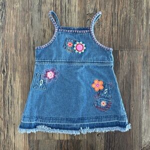 Y2K NEXT Blue Denim Baby Overall Dress Pinafore 6-9 Months Floral Pink Stitching